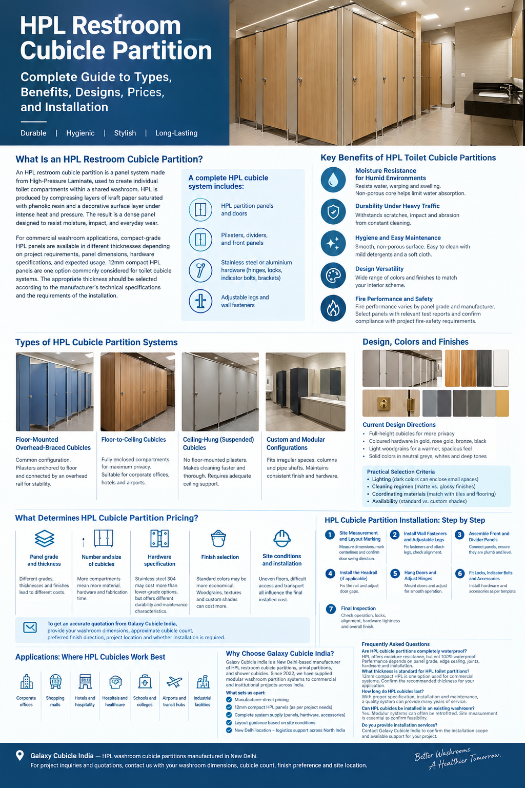 HPL restroom cubicle partition system installed in a modern commercial washroom by Galaxy Cubicle India